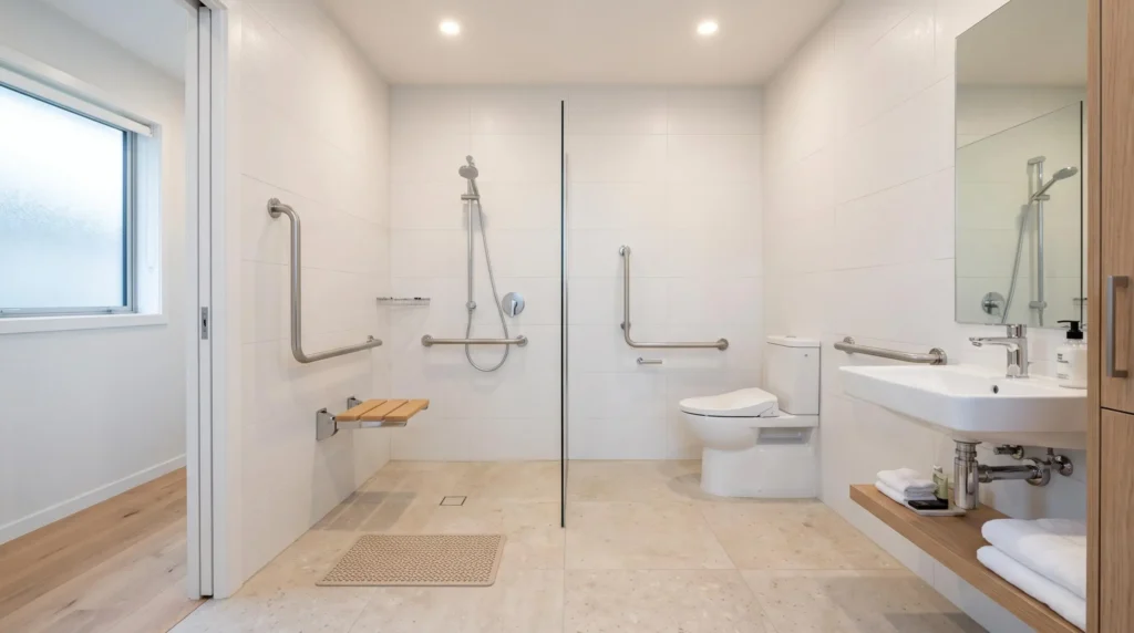 Salle de bain moderne adaptée avec douche à l'italienne accessible, barres d'appui et équipements ergonomiques pour personnes âgées. Salle de bain moderne adaptée avec douche à l'italienne accessible, barres d'appui et équipements ergonomiques pour personnes âgées.
