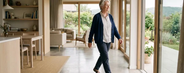 Une femme senior se déplace de façon autonome dans un intérieur de maison plain pied moderne et lumineux avec espaces ouverts accessibles.