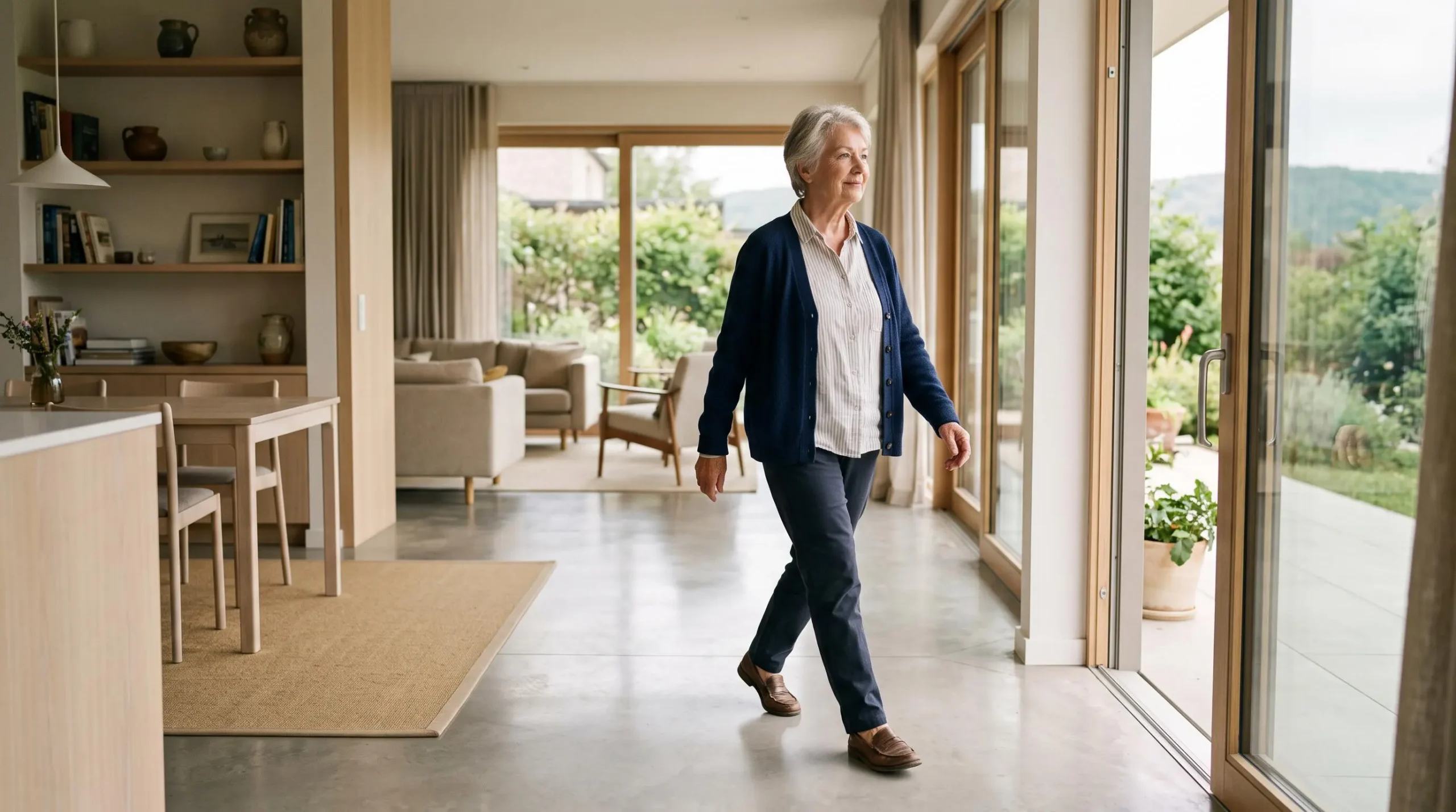 Une femme senior se déplace de façon autonome dans un intérieur de maison plain pied moderne et lumineux avec espaces ouverts accessibles.
