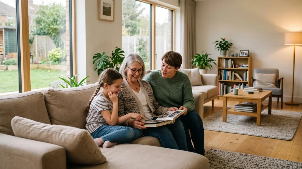 Une femme âgée partage un moment convivial avec sa famille dans un salon lumineux et accessible d'une maison plain pied moderne. Une femme âgée partage un moment convivial avec sa famille dans un salon lumineux et accessible d'une maison plain pied moderne.
